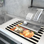 Sunflower Pumpkin Dish Drying Mat for Kitchen Counter,Black and White Stripe Drying Mat 18 x 24 Inch with Absorbent Reversible Microfiber Dish Drying Pad Dish Rack Drainer Mat for Coffee Bar