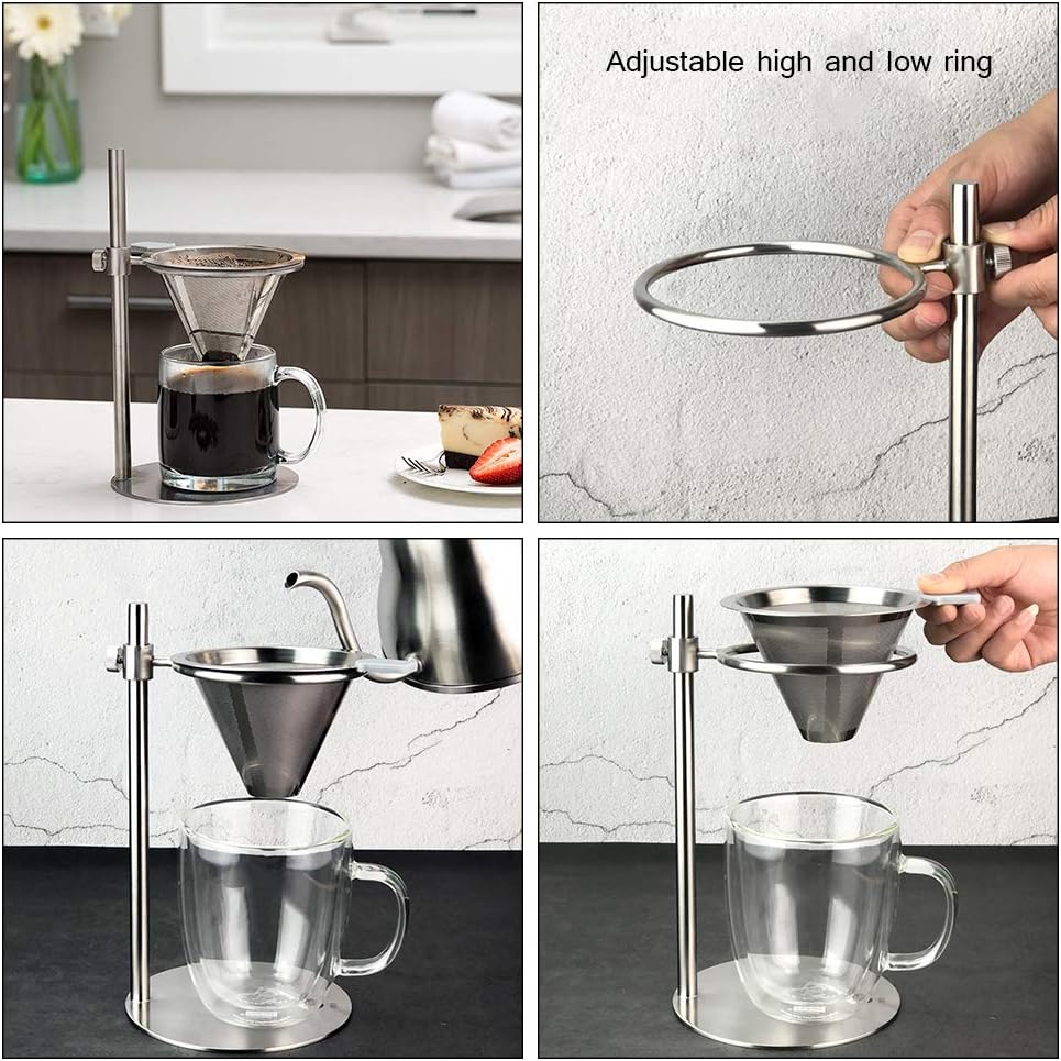 Pour Over Coffee Dripper, Stainless Steel Coffee Filter, Cone Coffee Dripper with Adjustable Pour Over Drip Coffee Stand