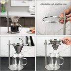 Pour Over Coffee Dripper, Stainless Steel Coffee Filter, Cone Coffee Dripper with Adjustable Pour Over Drip Coffee Stand