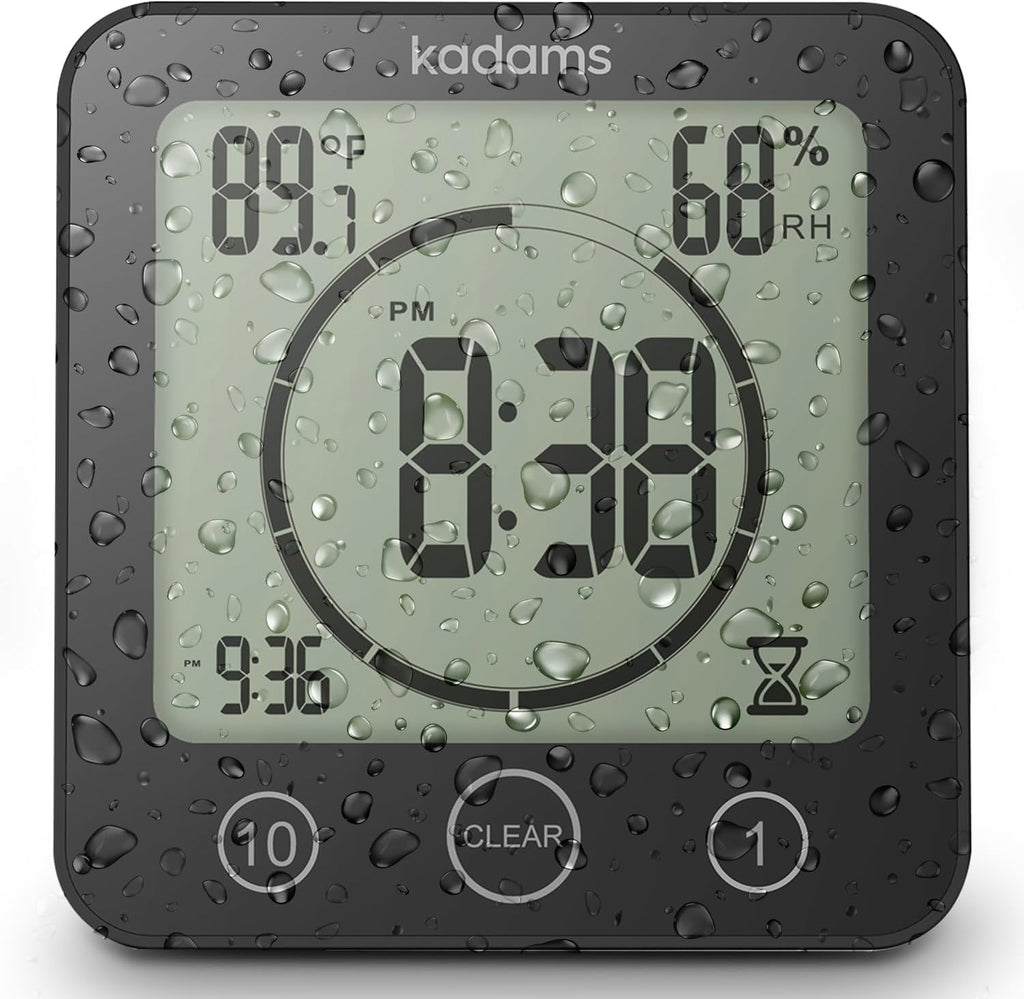 KADAMS Shower Clock Waterproof Bathroom Timer – Digital Wall Clock with Countdown, Magnetic Kitchen Clock with Temperature & Humidity, Suction Cup for Kids Shower Spa Sauna Cook Bath (Black)