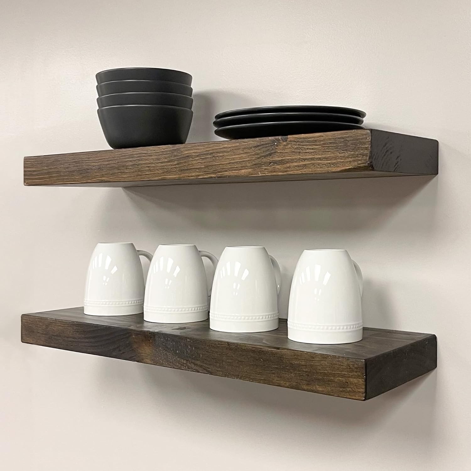 URBANDI, Rustic Floating Shelves, Set of 2, Hidden Bracket, Solid Wood, Heavy Duty, Wall Mounted Shelves, (Dark Brown, 36Wx8D)