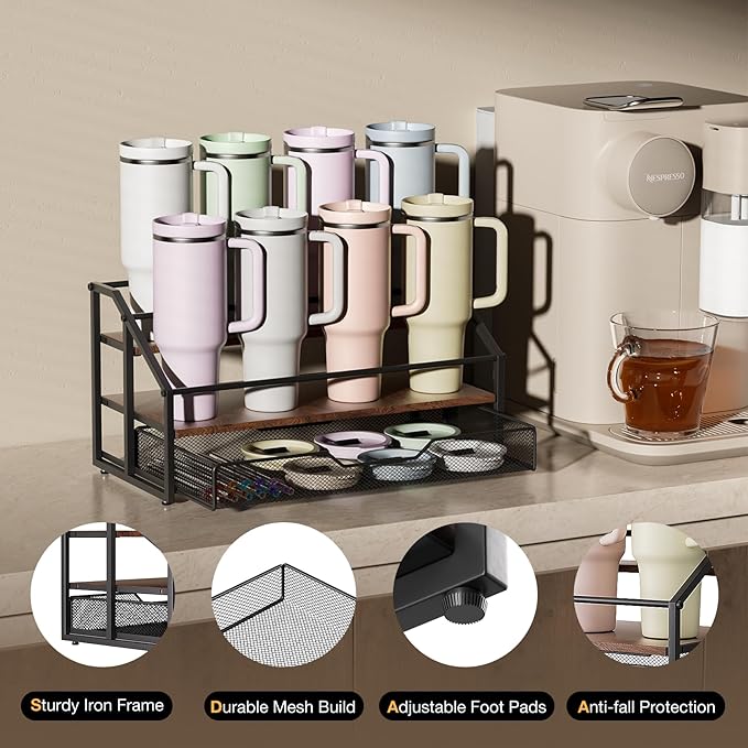 MOJOHAND Water Bottle Organizer for Stanley, 3-Tier 8 Bottles Rack with Storage Basket for Cup Accessories, Large Tumbler Holder Stand, Water Bottle Holder Wine Rack