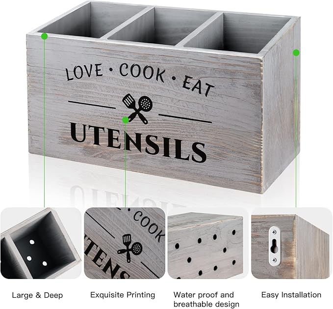 Utensil Holder with 3 Compartments, Rustic Wood Utensil Caddy Crocks for Kitchen Counter, Farmhouse Flatware Organizer Storage Box for Silverware Fork Spoon Spatula