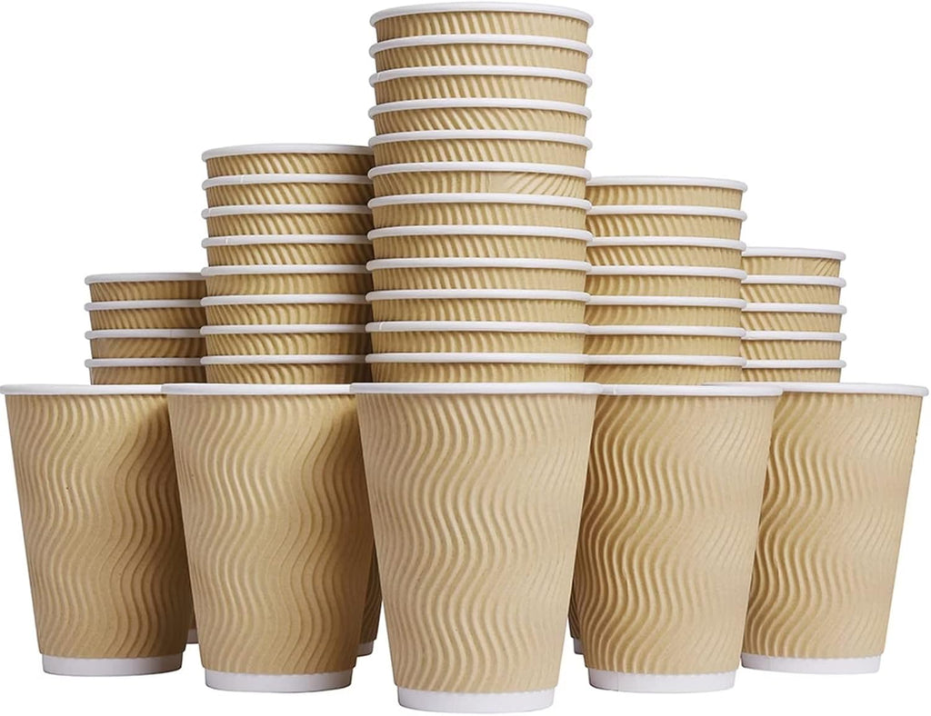 Hot Paper Cups_12 oz Disposable Insulated Corrugated Sleeve Ripple Wall Paper Cup 100 pcs,12oz Cups for Drink，Hot Coffee Cups (Brown)