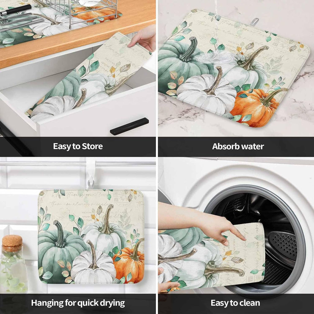 Fall Dish Drying Mat for Kitchen Counter Green Pumpkin Drying Pad Absorbent Drying Mats for Countertops Sinks Draining Racks Eucalyptus Leaves Drainer Holiday Harvest Thanksgiving Decorations 18x24