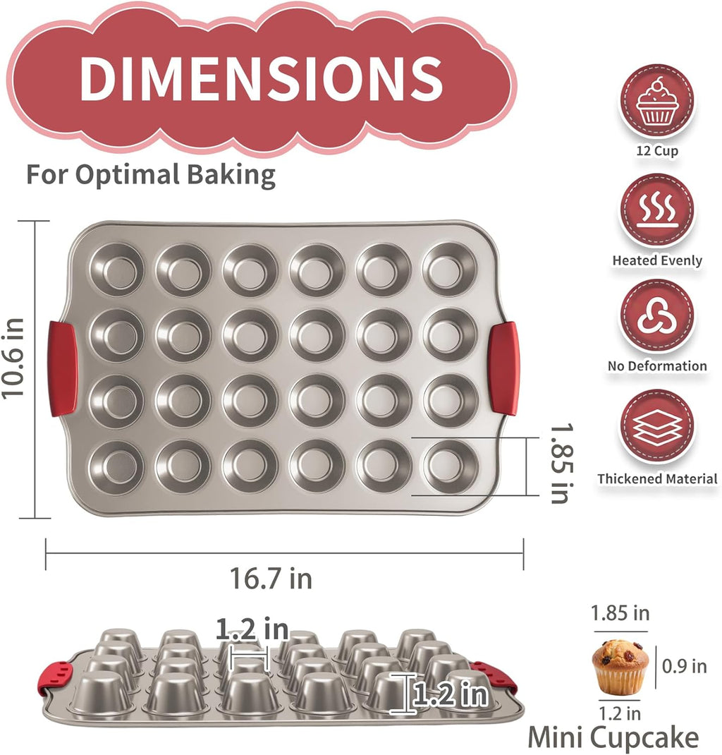 Mini Muffin Pan, 24 Tin Cupcake Pan, Nonstick Small Muffin Tray with Silicone Grip Handles, Durable Mini Cheesecake Cup Cake Pans for Baking, 2-PACK,Gold