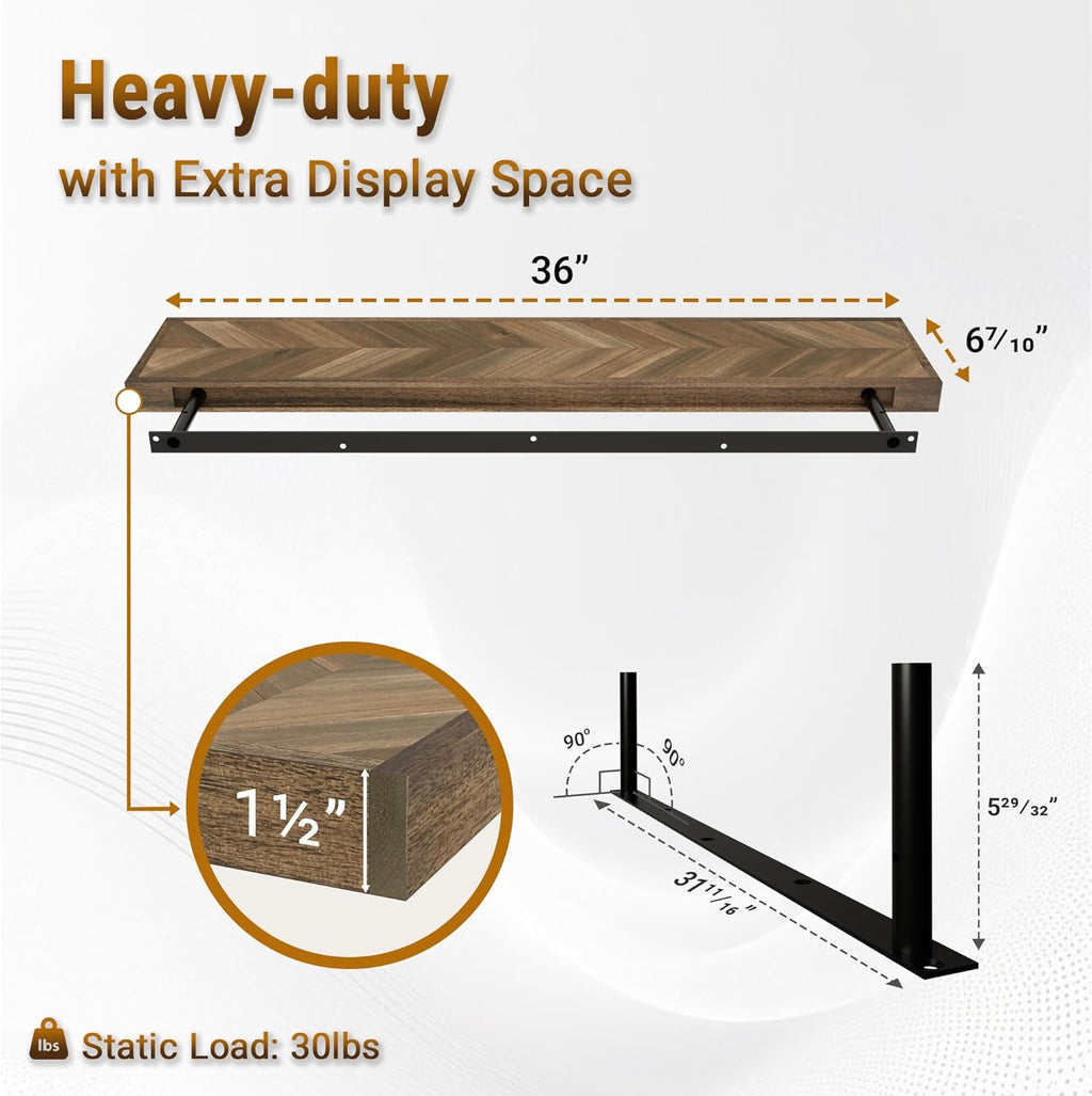36" Acacia Chevron Floating Shelves Set of 2 - Wall Mounted Wooden Shelf for Stylish Home Décor - Dark Walnut Color - 36x6.7x1.5 Inches
