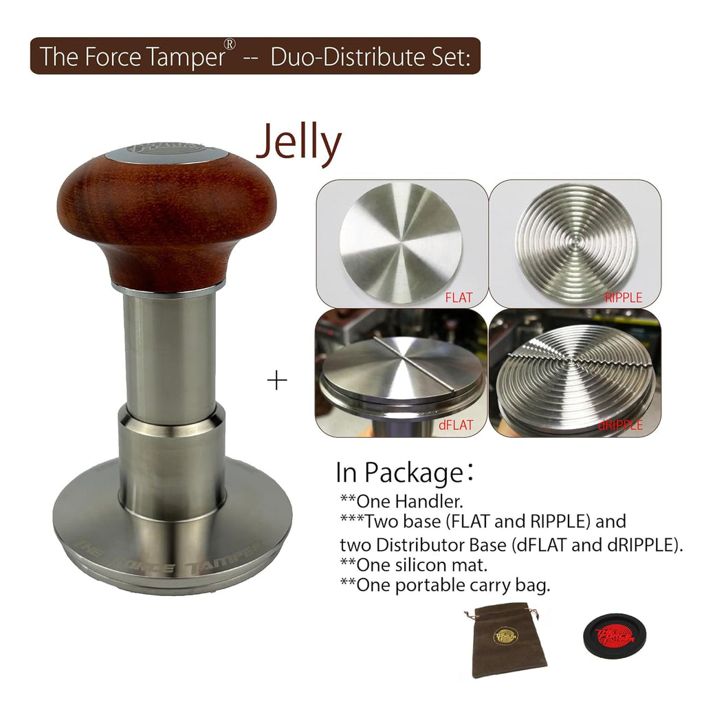 The Force Tamper Automatic Impact Adjustable Constant Pressure and Autoleveling Coffee Tamper Reddish Brown Jellyfish Wooden Handle Set Pro (Duo-Distribute Set, 53.50mm)