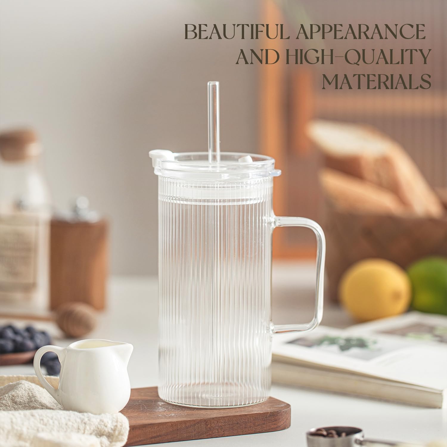 KEMORELA 2PCS Glass Tumbler with Lid and Straw - 24oz Ribbed Drinking Cups with Straw & Lid, Iced Coffee Cups - Reusable Glass Tumblers for Tea, Juice, Bubble Tea