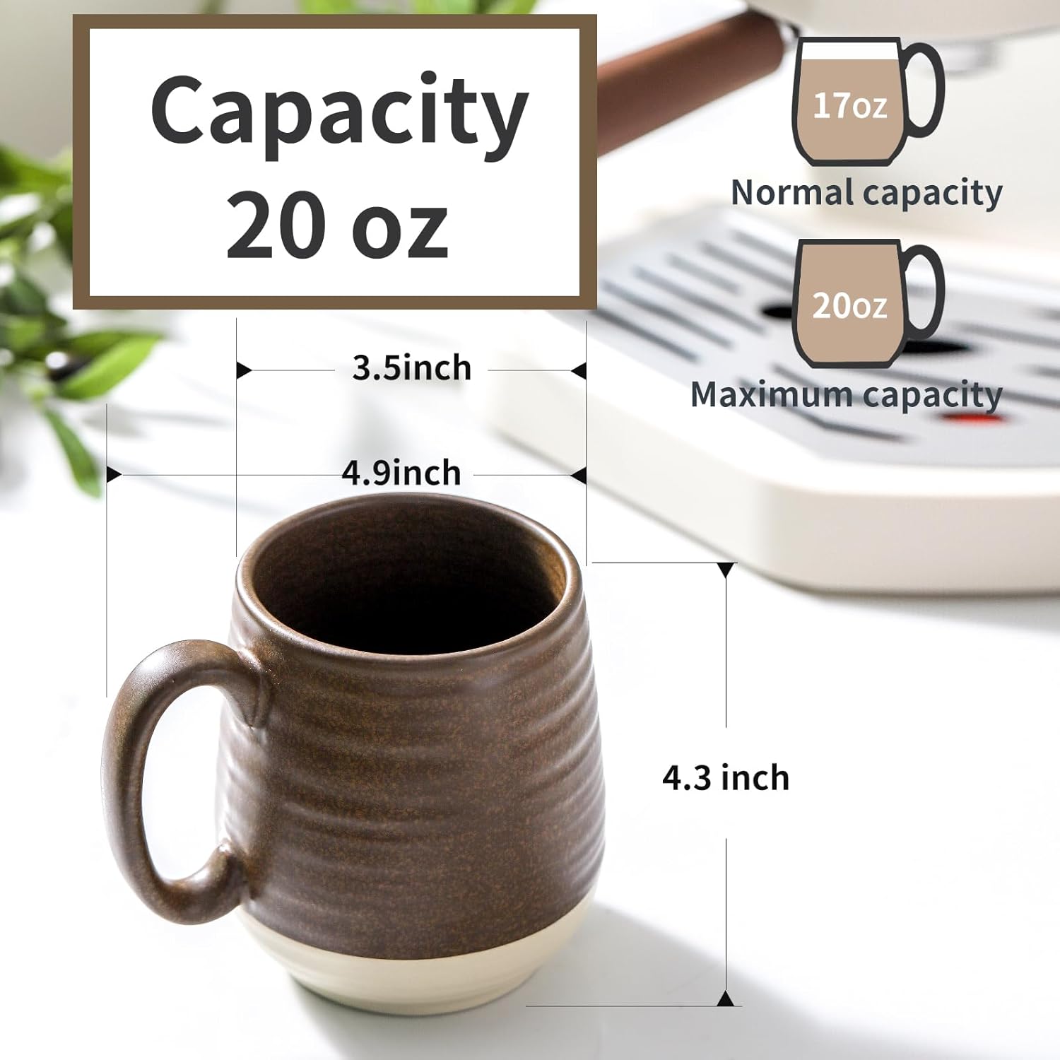 Hasense 20 oz Coffee Mugs, Large Tea Cups with Comfortable Handle Set of 2, Perfect for Coffee, Latte, Hot Cocoa, Dishwasher and Microwave Safe, Brown