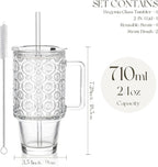 KEMORELA 4-Pack 24 Oz Glass Tumblers with Straws and Lids, Iced Coffee Cups with Begonia Floral Pattern, Smoothie Cups with Handles, Reusable Cold Drinkware, Glass Tumblers for Beverages