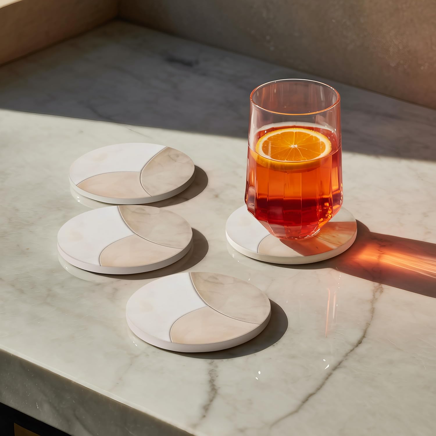 VEYRO Coasters Set of 4 for Drinks – Absorbent Ceramic Stone Drink Coasters with Cork Backing for Coffee Table & Desk, Modern Marble Look Cup Coaster Set, Housewarming Gift for New Home