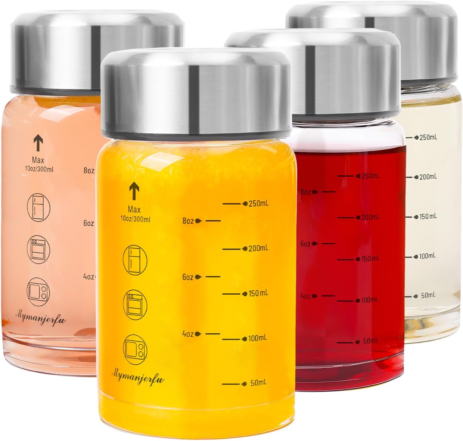 Glass Juice Bottles 4 Pack 10 oz - Wide Mouth Glass Water Bottles with Lids - for Juicing, Smoothies, Milk, Protein, BPA Free, Reusable, Stainless Steel Lids, Leak Proof, Shaker bottle [10oz/300ml]