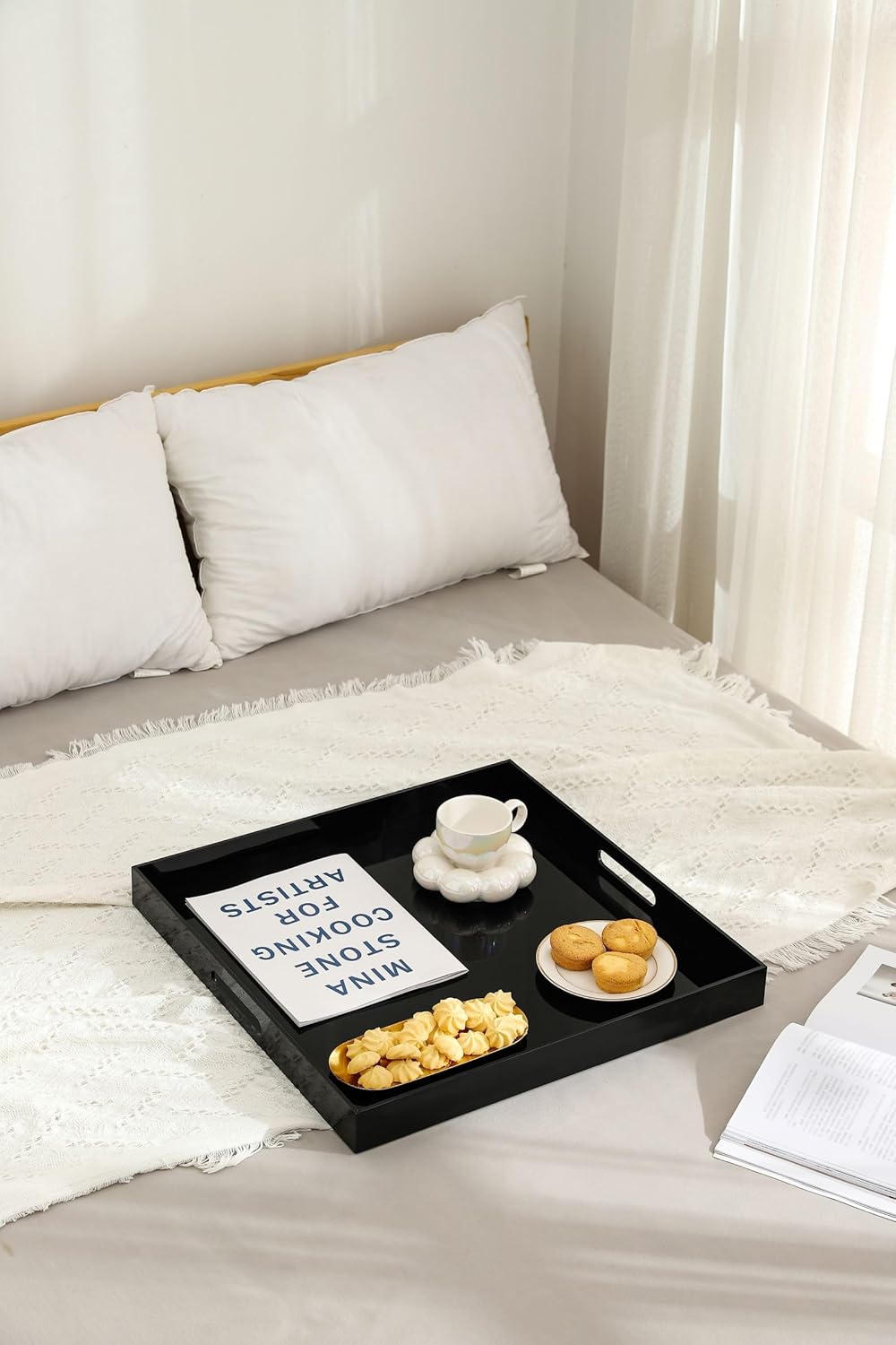 Glossy Black Sturdy Acrylic Serving Tray with Handles-24x24Inch-Serving Coffee,Appetizer,Breakfast,Butler-Kitchen Countertop Tray-Makeup Drawer Organizer-Vanity Table,Ottoman Tray-Decorative