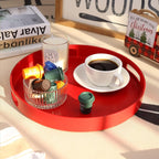 Round Red Decorative Serving Tray with Handles, 13” Versatile Ottoman Tray for Coffee Table, Entertaining, Outdoor Patio, Living Room
