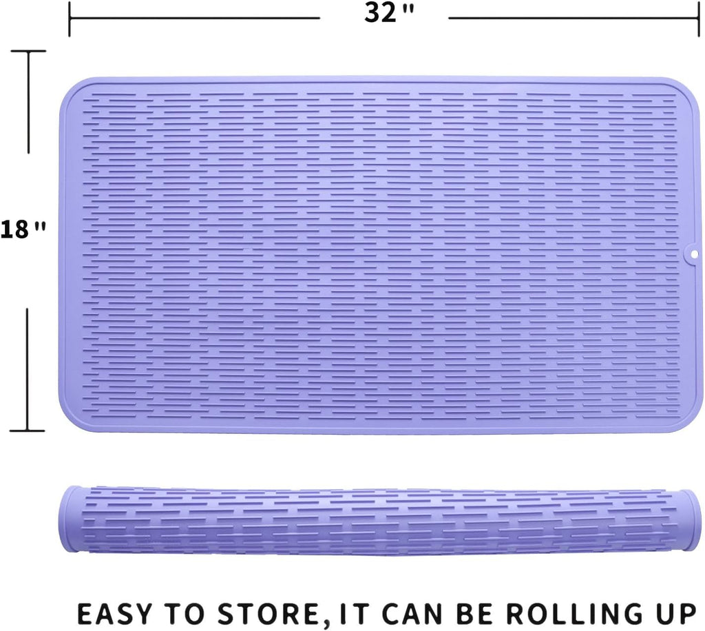Silicone Dish Drying Mat for Multiple Usage,Easy clean,Eco-friendly,Heat-resistant Silicone Mat for Kitchen Counter or Sink,Refrigerator or Drawer Liner Light Purple 4XL 32 inches x 18 inches