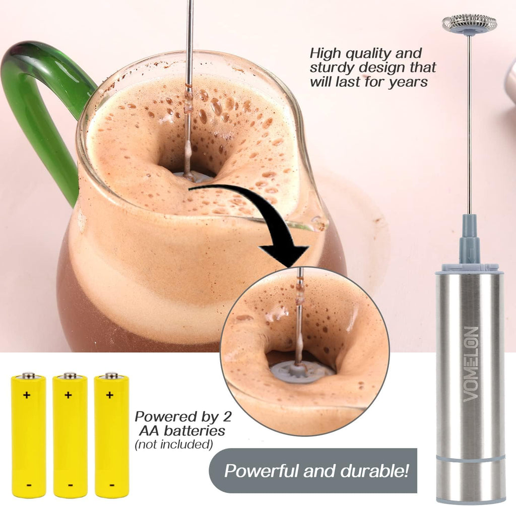 Milk Frother, Handheld Battery Operated Frother for Coffee,Portable Drink Mixer with 2 Stainless Steel Whisk Heads, Milk Foamer for Keto Coffee, Latte, Cappuccino, Hot Chocolate, Silver