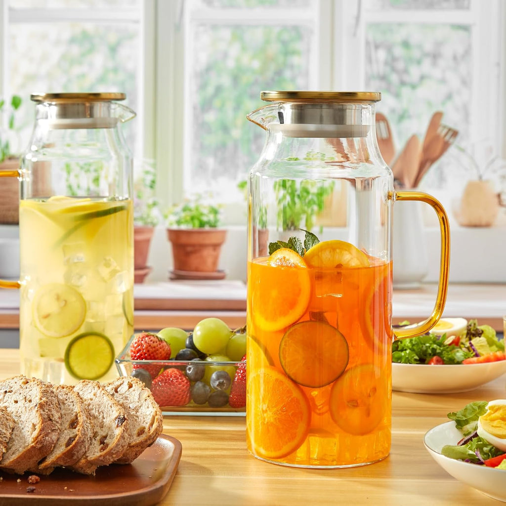 2 Pack 2 Liter 68 oz Glass Pitcher with Lid and Spout, Gold Glass Water Pitcher for Fridge, Glass Carafe for Hot/Cold Water, Large Jug for Iced Tea, Coffee, Juice and Homemade Beverage