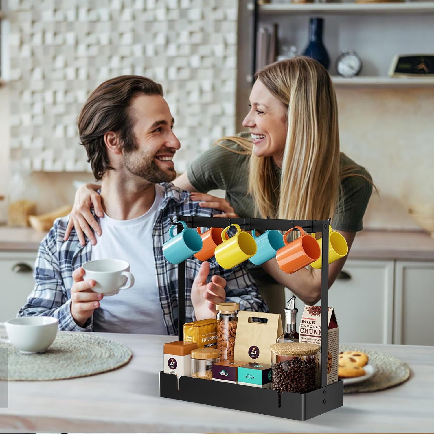Coffee Mug Holder with Movable Hooks, 6-Mug Capacity Countertop Coffee Cup Rack with Storage Base