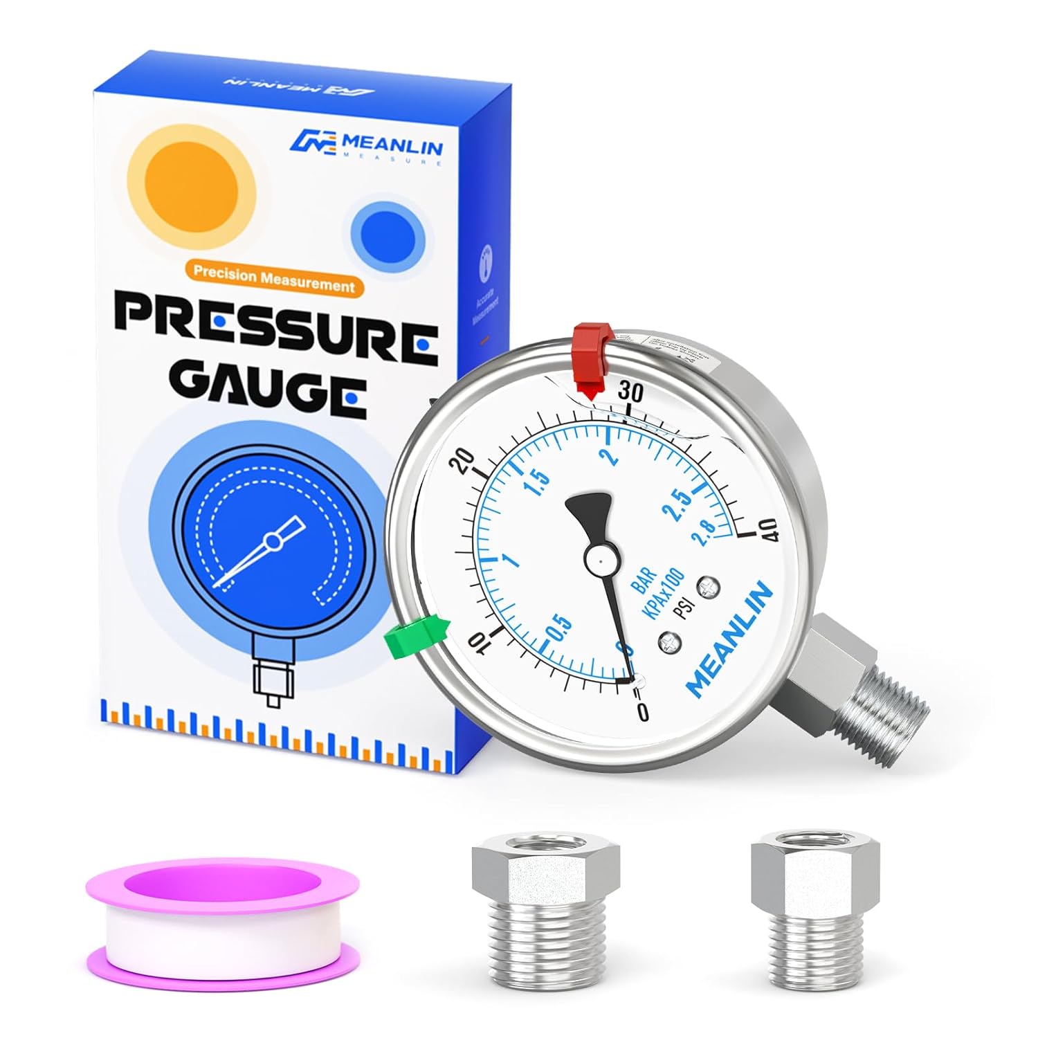 MEANLIN MEASURE 0~40Psi Stainless Steel Liquid Filled Pressure Gauge 2.5" FACE DIAL 1/4" NPT for Pool Sand Filter Water Oil Air Pressure Test Lower Mount with Stainless Steel Hex Bushing and Snaps