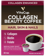 VitaCup Beauty Collagen Coffee Pods for Hair, Skin & Nails, with Biotin & Folate, Medium Dark Roast, Keto Friendly, Recyclable Single Serve Pod Compatible with Keurig K-Cup Brewers,64 Ct