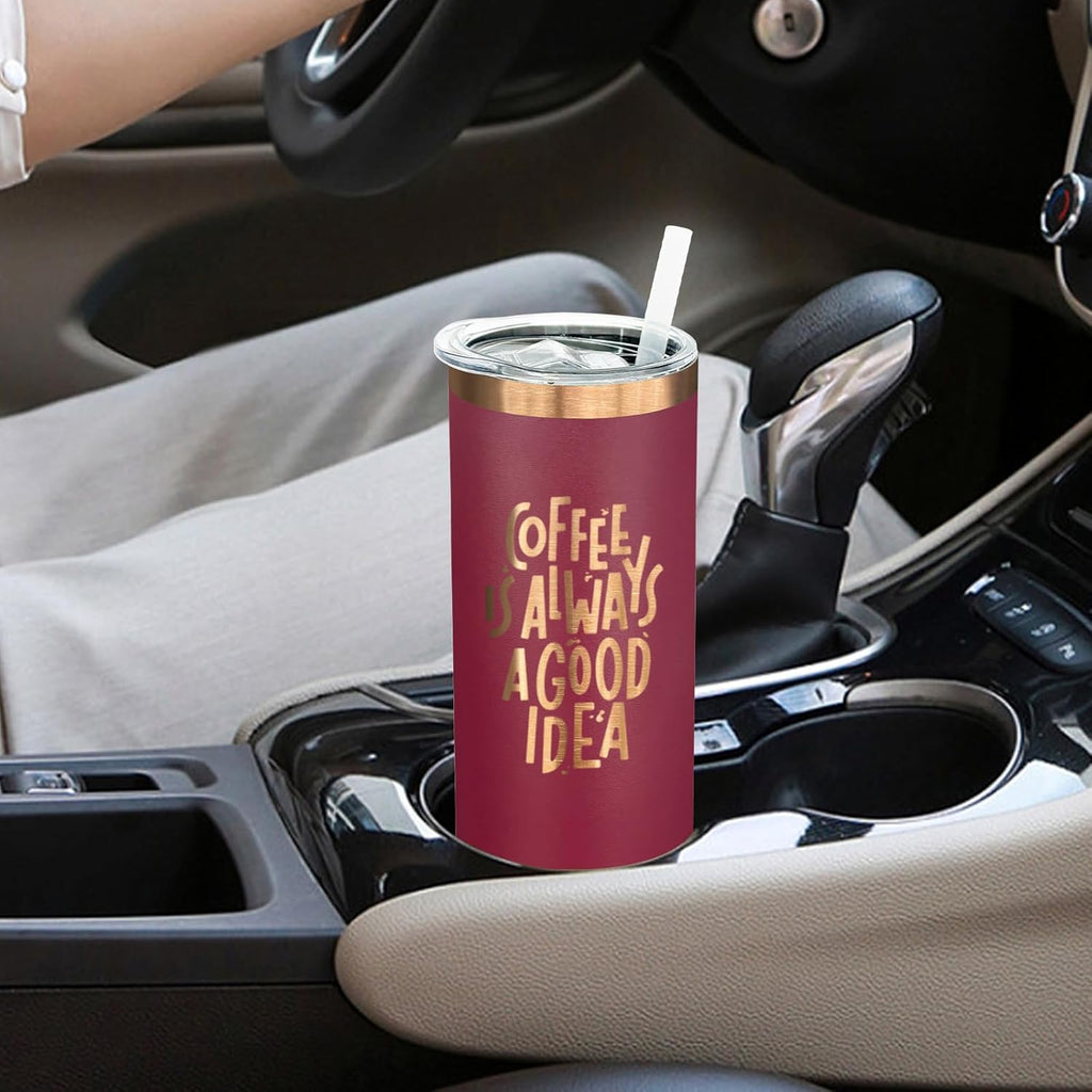 20 oz Skinny Tumblers Bulk, Stainless Steel Insulated Tumbler with Lids and Straws, Slim Double Wall Powder Coated Travel Coffee Mugs, Reusable Cup for Hot and Cold Drinks (Red,1 pack)