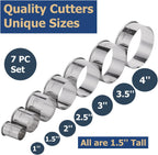 Cookie Cutters Set, 7 Pc. Kit, Measuring 1'', 1.5'', 2'', 2.5'', 3'', 3.5'', and 4'', Round Metal Baking Rings for Pastry, Biscuits, and Dough Cutting, Heavy Duty and Reusable, Multiple Sizes