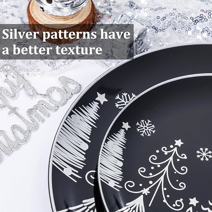 KIRE 150PCS Christmas Plates Disposable & Dinnerware Set for 25 Guests - Black & Silver Plates, Plastic Silverware & Cups With Silver Rim for Christmas Party Supplies