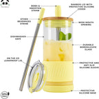 Pandaloo® Glass Cups With Lids and Straws -20 Fl Oz- Perfect Size Iced Coffee Cup - Smoothie Cup With Bamboo Lid and On the go Lid (Sunny Lime, 1 Count (Pack of 1)
