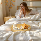 MAONAME 13" Gold Round Decorative Tray for Coffee Table, Modern Serving Tray with Handles, Plastic Ottoman Trays, Bathroom Decor