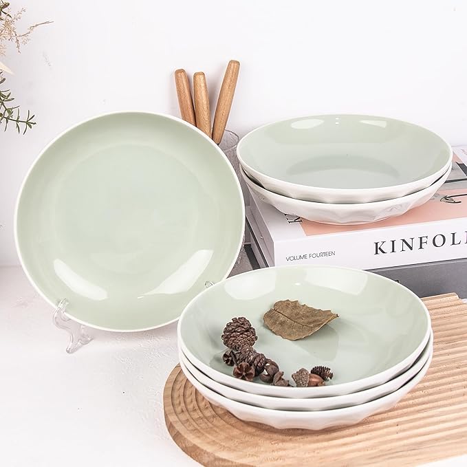 Set of 6 Dinner Plates 8 Inch, Green Porcelain Plates, Microwave Oven Dishwasher Safe Scratch Resistant