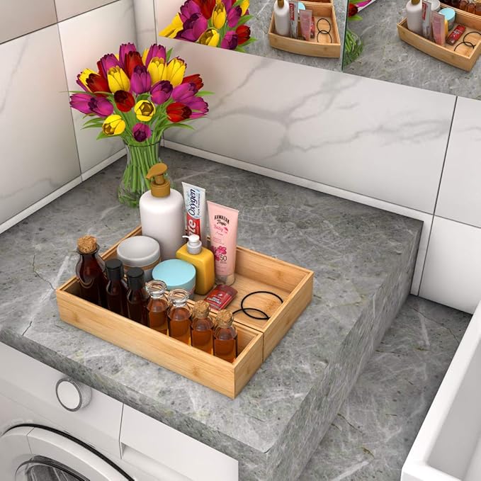 Drawer Organizer Utensil Holder for Kitchen, Small Wood Silverware Storage Organizer, Stackable Box Tray for Cutlery, Flatware, Bathroom Countertop Caddy for Makeup, Jewelry(12"6"2.5")