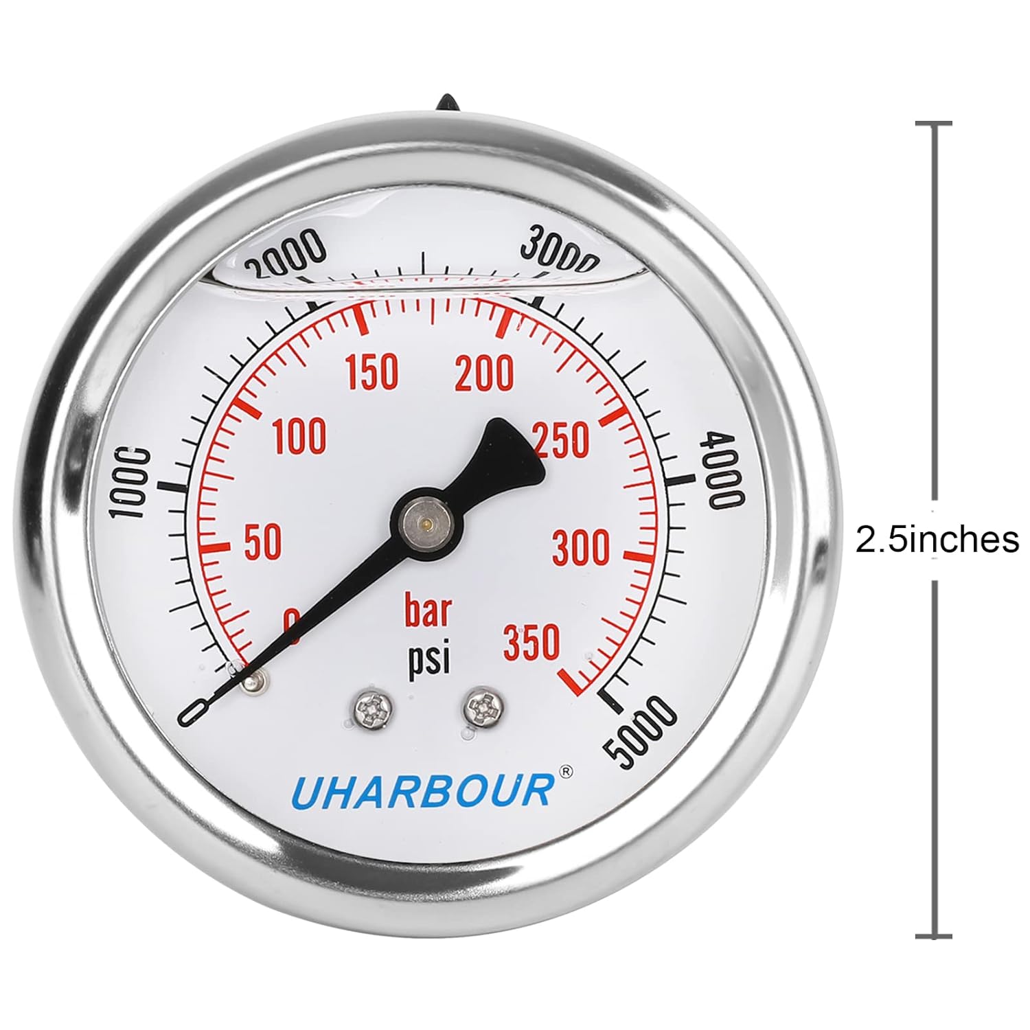 Glycerin Filled Pressure Gauge 5000psi/350bar, Stainless Steel case, Brass Inside Construction, 2-1/2" dial, 1/4" NPT Back Connection.…