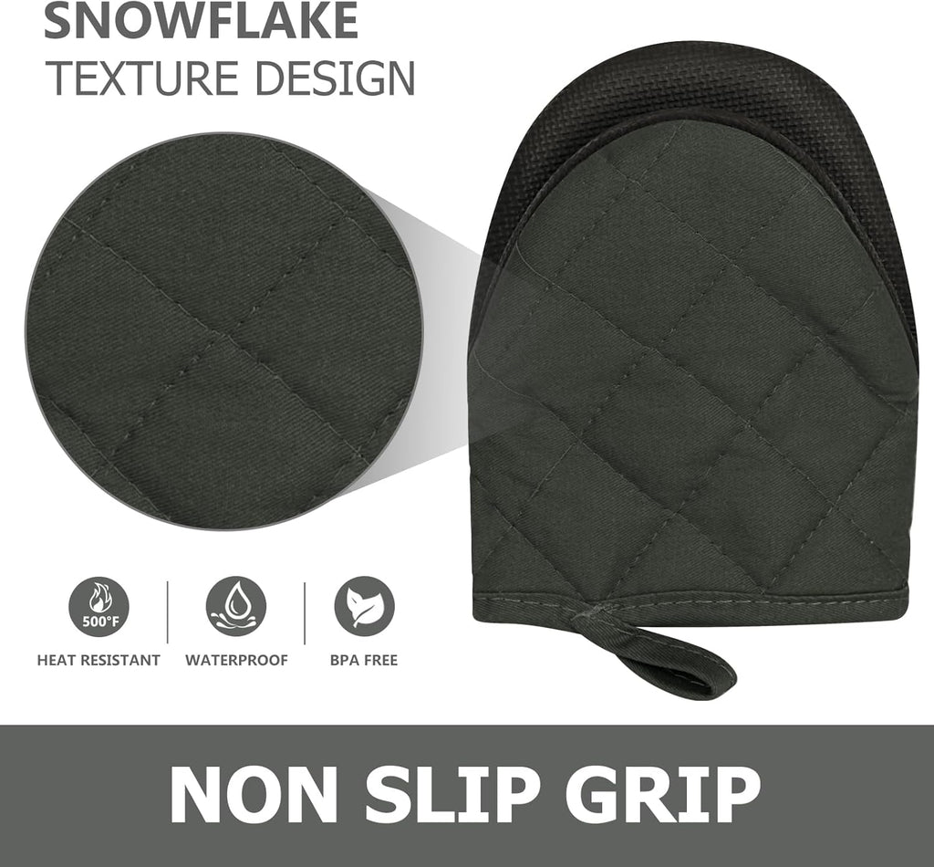 1 Pair Short Oven Mitts, Heat Resistant Silicone Kitchen Mini Oven Mitts for 500 Degrees, Non-Slip Grip Surfaces and Hanging Loop Gloves, Baking Grilling Barbecue Microwave Machine Washable (Gray)