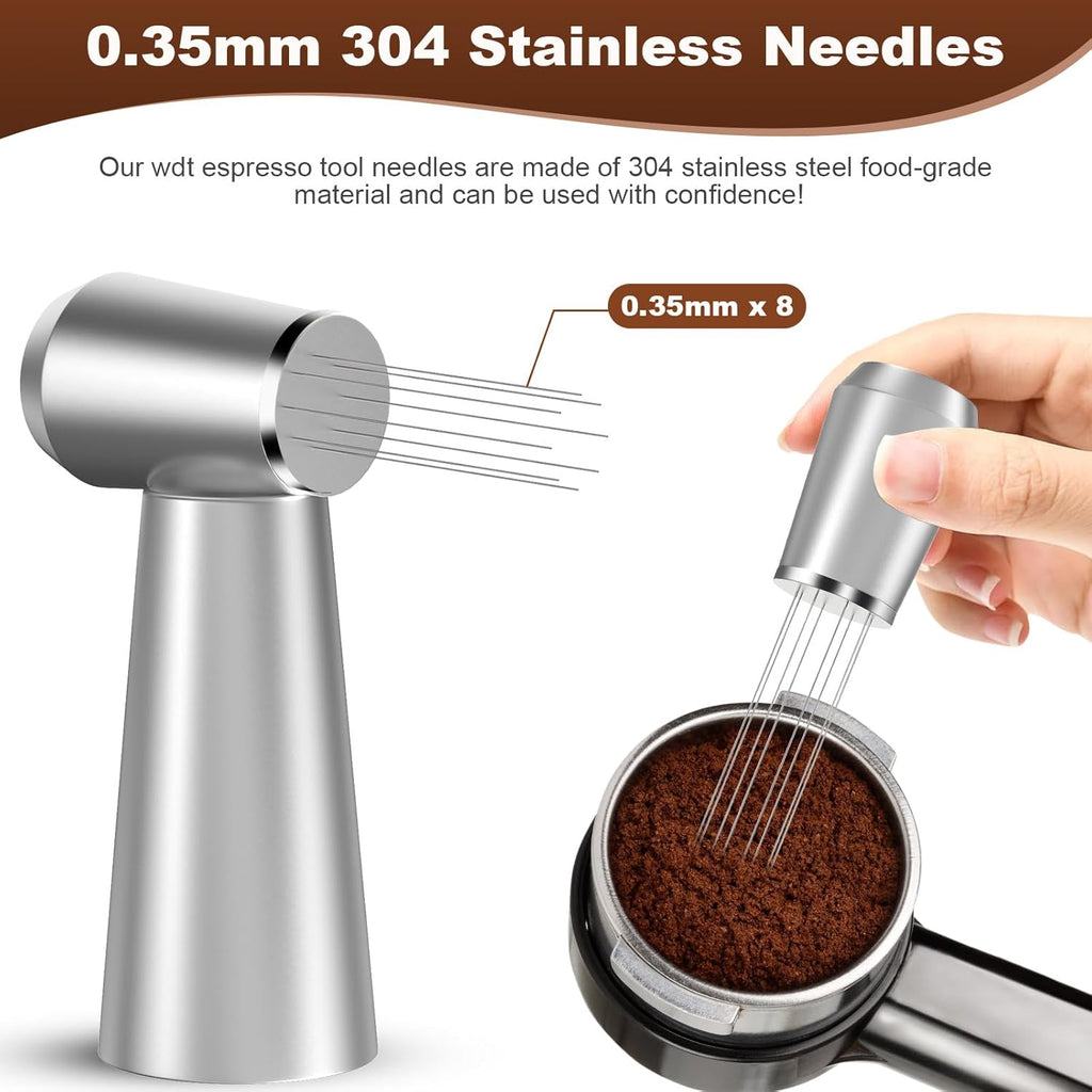 WDT Espresso Distribution Tool, 0.35mm 8 Needle Coffee Stirrer with 8 Extra Needles, 304 Stainless Steel, Aluminum Alloy Handle with Stand, Barista Espresso Whisk Tool (Metal Silver)