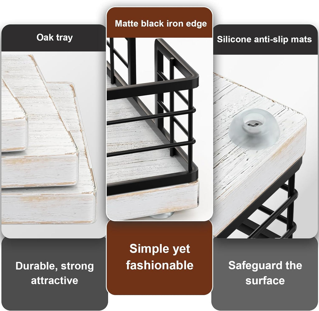 Wican Guest Towel Holder Tray for Bathroom, Oak and Iron Napkins Holder for Powder Room Dinning Table Wooden Basket for Disposable Paper Hand Towels Black and Farmhouse White