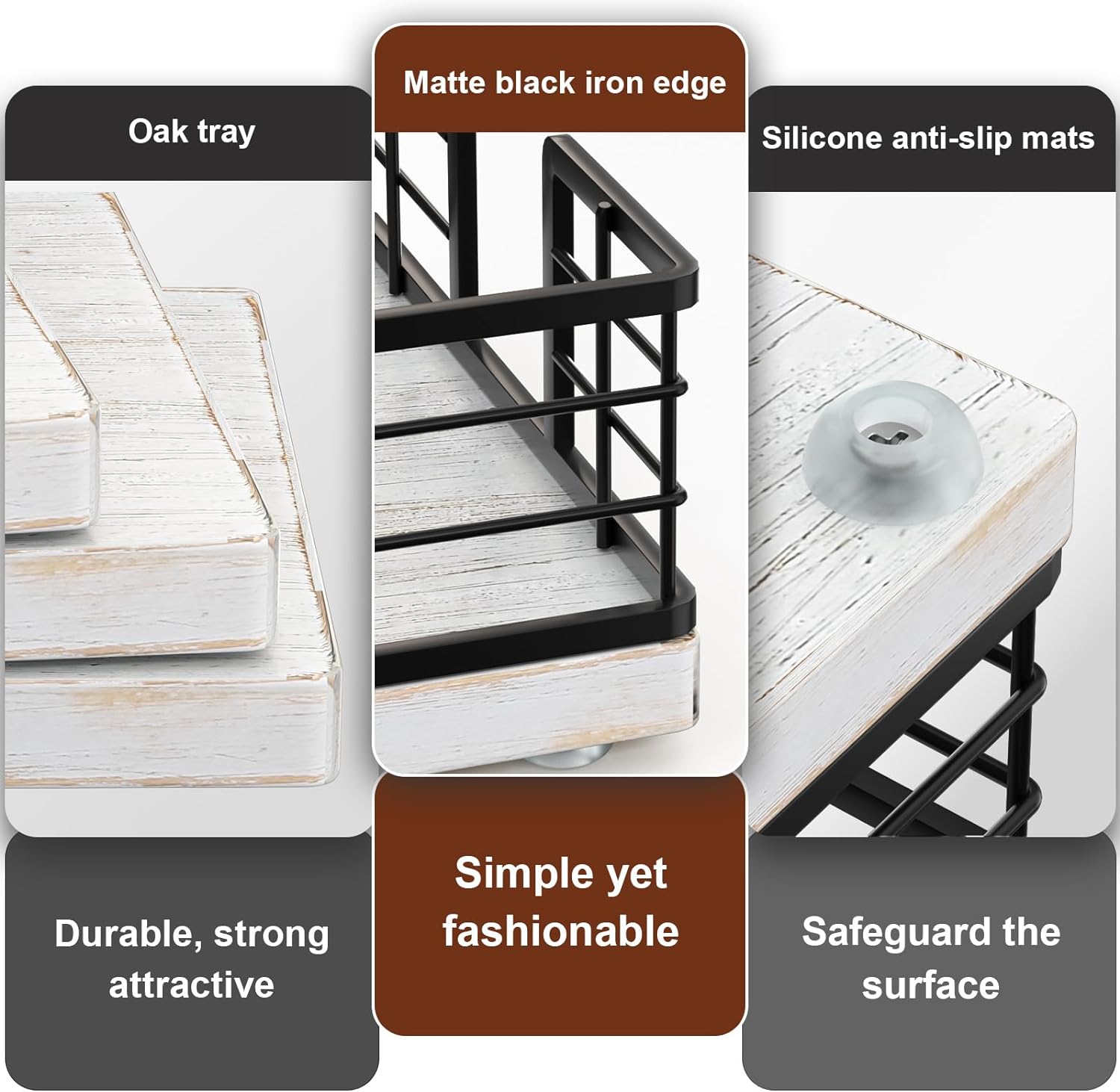 Wican Guest Towel Holder Tray for Bathroom, Oak and Iron Napkins Holder for Powder Room Dinning Table Wooden Basket for Disposable Paper Hand Towels Black and Farmhouse White