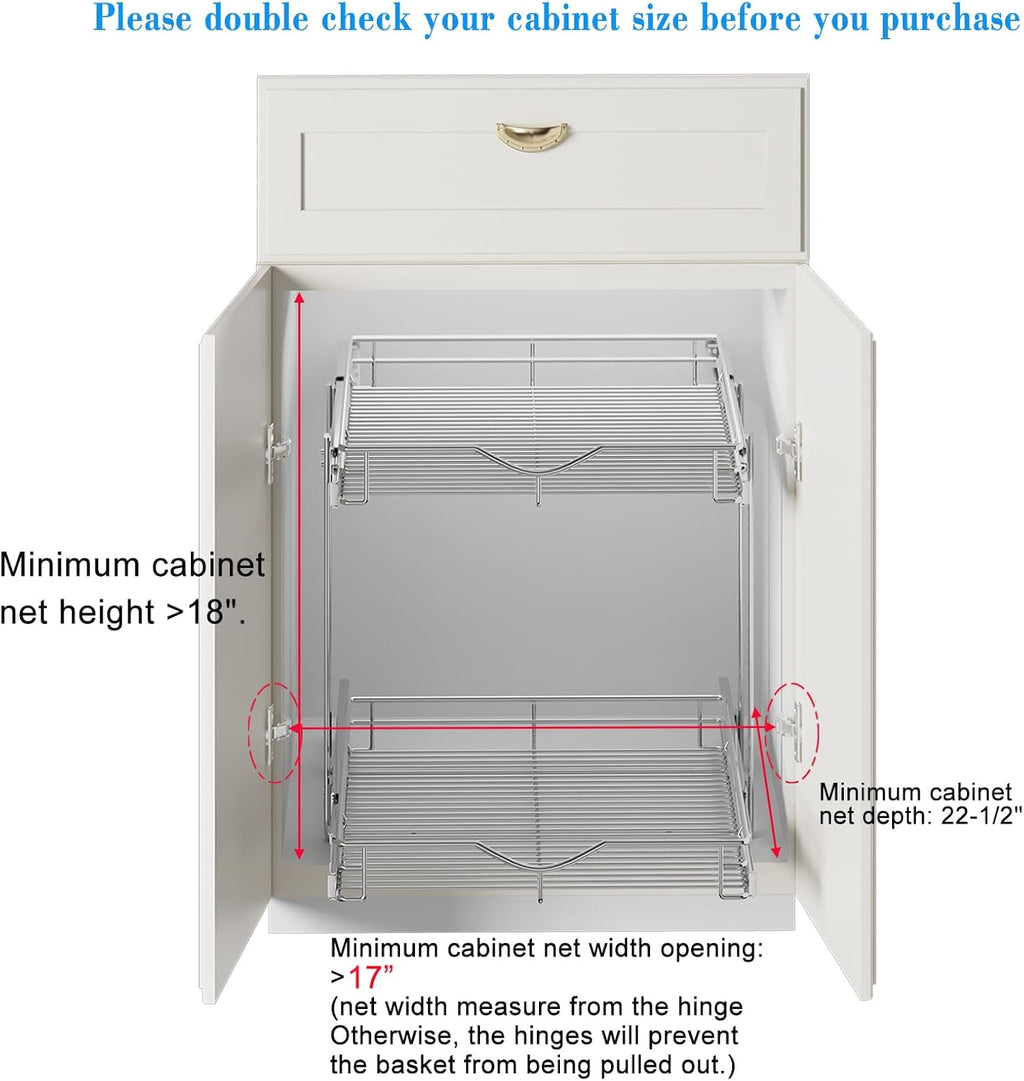 DINDON 2 Tier Pull Out Cabinet Organizer (17" W X 21" D), Double Tier Wire Basket Slide Out Shelf Storage for Kitchen Base Cabinet, Chrome Finish