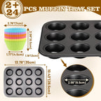 BEWOS 2 PCS Non-Stick 12 Cup Muffin Pan, Carbon Steel Mini Muffin Pan with 24 Reusable Silicone Silicone Molds, Dishwasher Safe & Easy Clean Muffin Tin, Baking Moulds for Muffins or Cupcake（Grey）