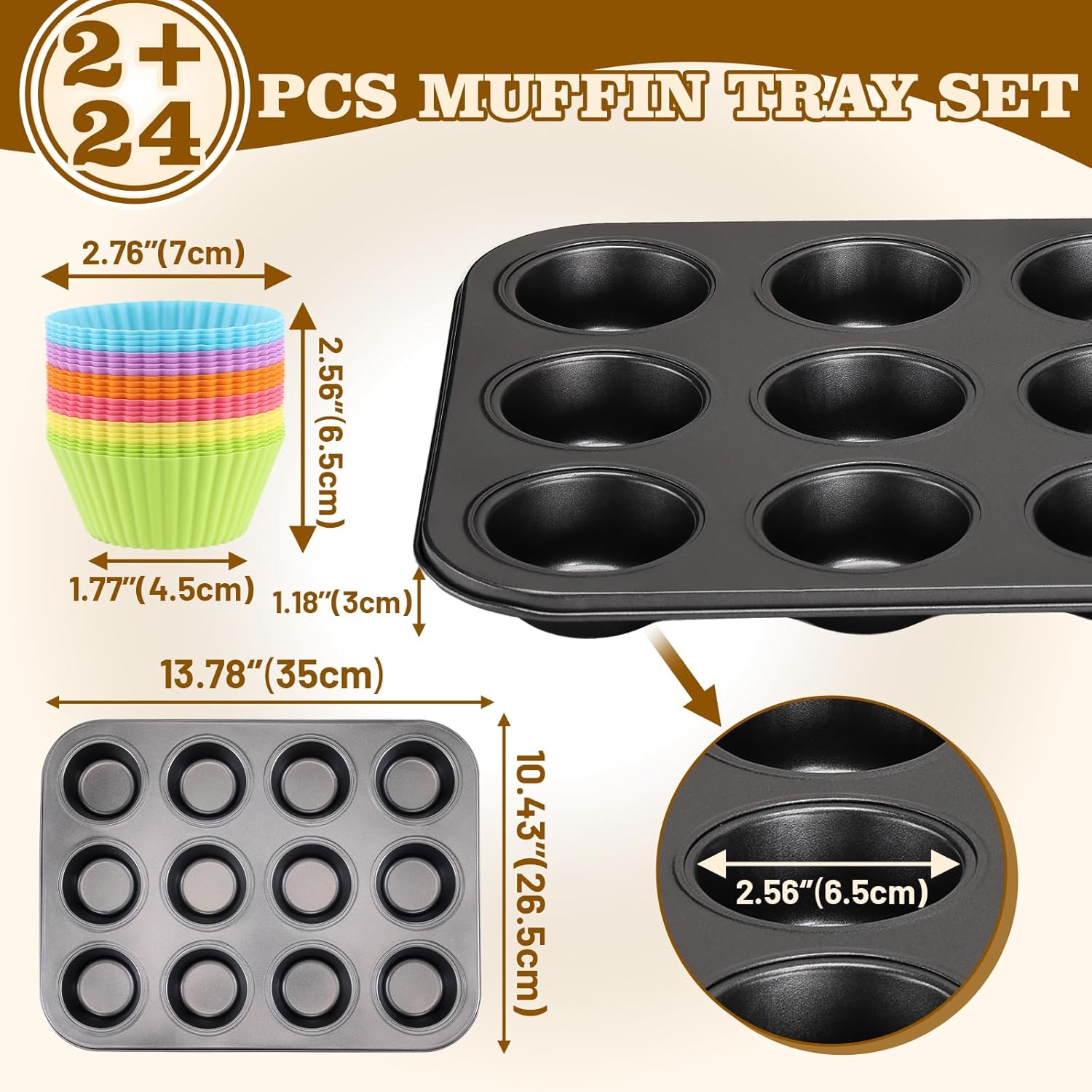 BEWOS 2 PCS Non-Stick 12 Cup Muffin Pan, Carbon Steel Mini Muffin Pan with 24 Reusable Silicone Silicone Molds, Dishwasher Safe & Easy Clean Muffin Tin, Baking Moulds for Muffins or Cupcake（Grey）