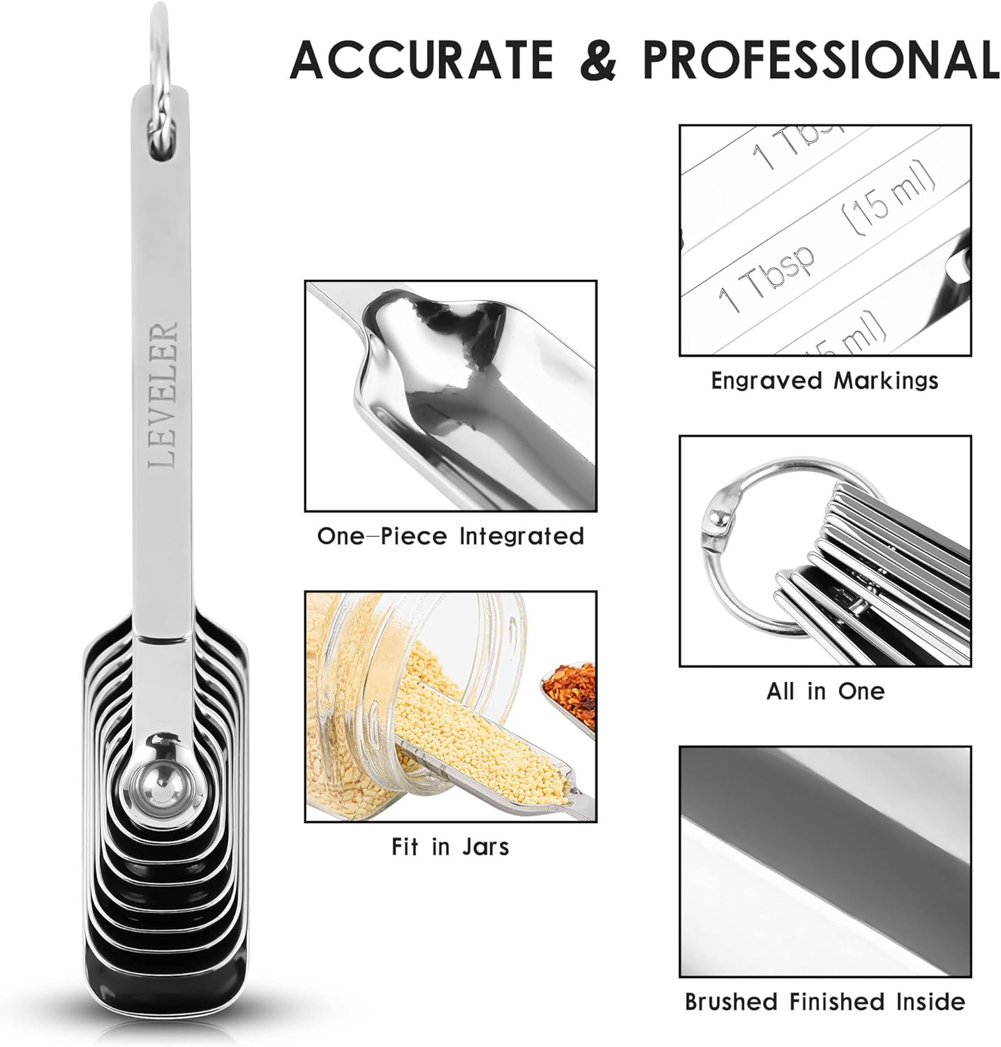 Stainless Steel Measuring Spoons - 10 Piece Set, Metric & US, Long Handle, Ideal for Kitchen & Baking, Includes 1/16Tsp & 2/3Tbsp for Spice Jars