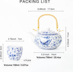 fanquare Chinese Blue and White Porcelain Tea Set with 1 Teapot Set, 6 Tea Cups, Butterfly Pattern Asian Japanese Tea Sets for Adults
