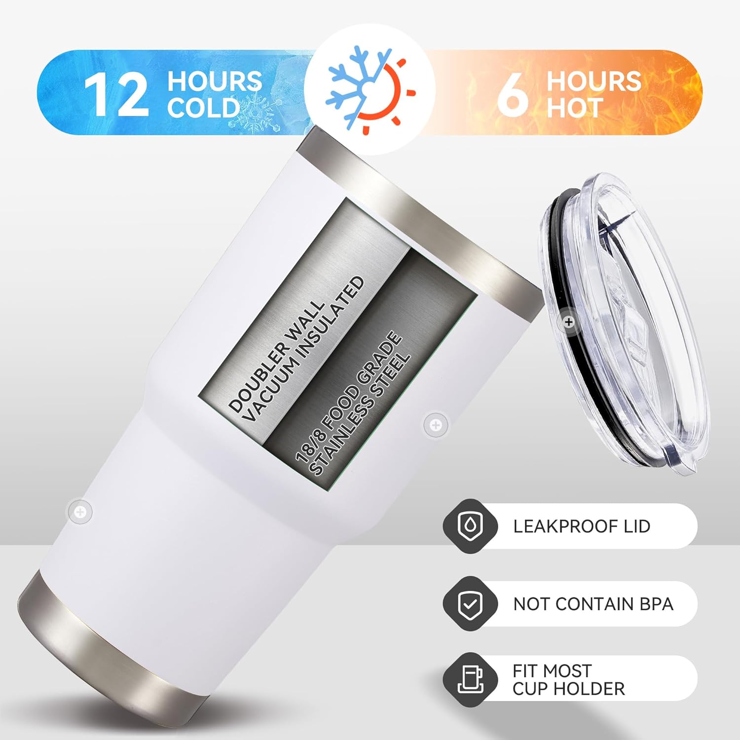 30 oz Tumbler with Lid Stainless Steel Tumblers Vacuum Insulated Cup Reusable Powder Coated Travel Mug Double Wall Leak Proof Portable Cups Keep Cold Drinks for 12 Hours, White, 1 Pack