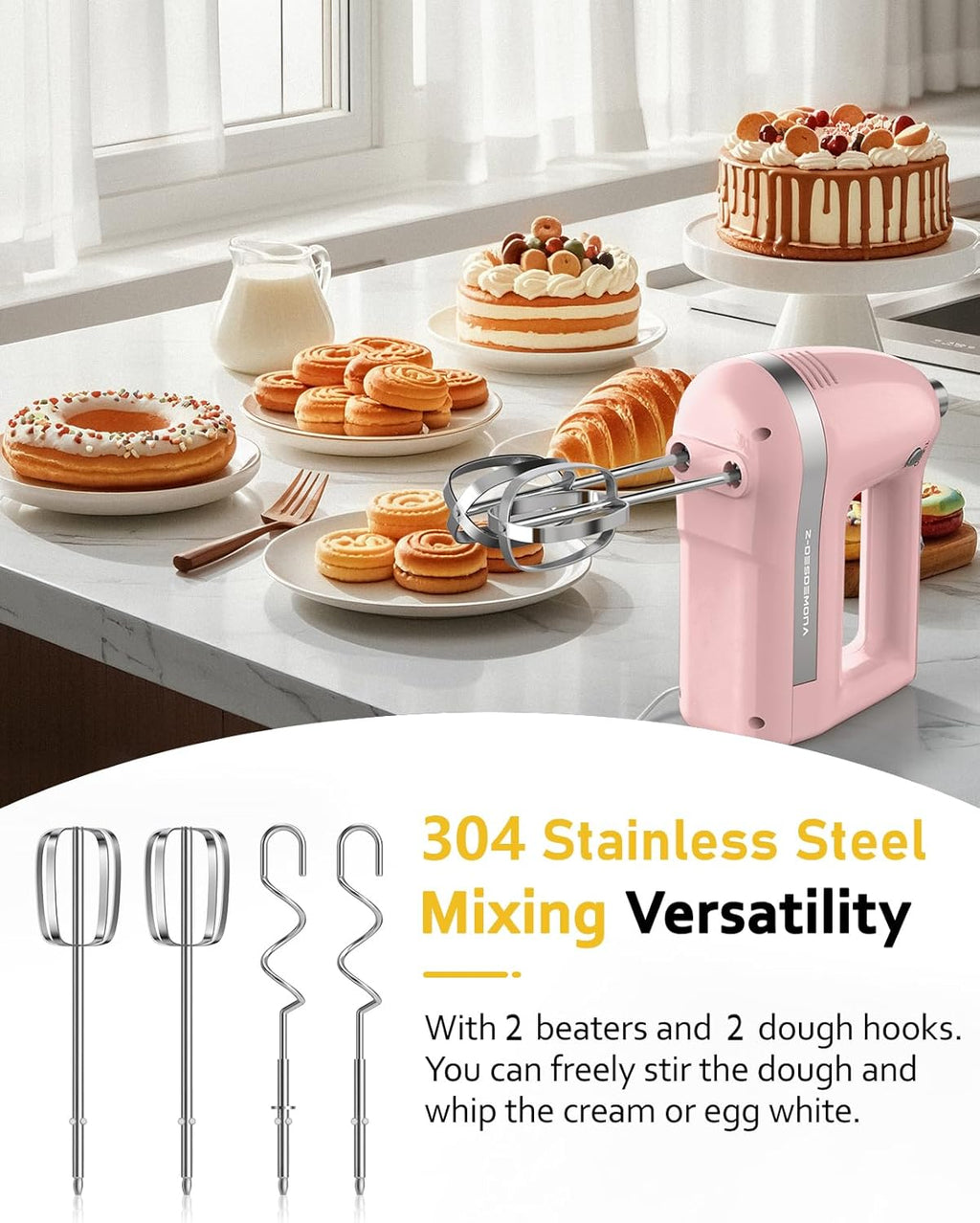 Electric Hand Mixer, Powerful 300W Hand Mixer Electric Handheld with 304 Beaters, Dough Hook,Hand Held Mixer with Turbo for Baking Cakes, Eggs, Cream Food(Pink)