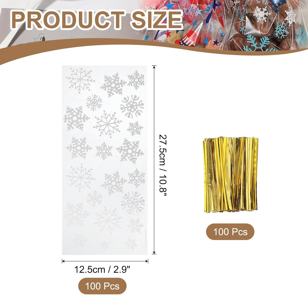 uxcell 100pcs Snowflake Treat Bags, Cookie Bags with Twist Ties for Candy Package Christmas Holiday Winter Party Favors, White