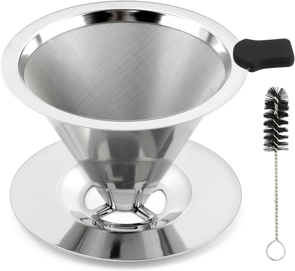 Pour Over Coffee Dripper with Cleaning Brush, Stainless Steel Cone Coffee Filter Fine Mesh Double Layer, Paperless Reusable Coffee Filter, Drip Cone Brew Coffee Strainer(SIZE:Medium)