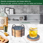 5 Pack Absorbent Coasters for Coffee Table with Holder, Wood Coasters with Felt Pads, Non-Slip, Non-Stick, Suit for Kinds of Cups 4.3 inch (Gray)