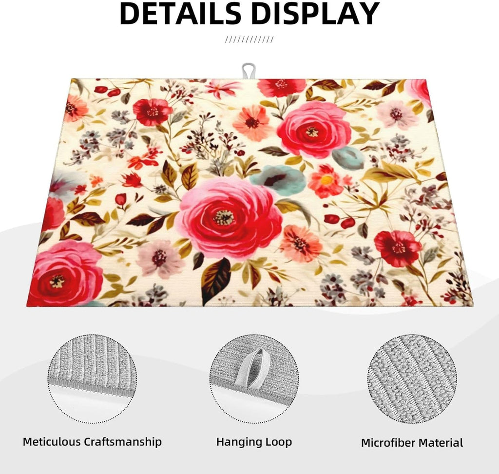 Large Dish Drying Mats For Kitchen Counter Microfiber Kitchen Drying Mat XL Draining Pad Absorbent Quick Drying Dish Mat 18x24 Inch - Floral Boho Flowers