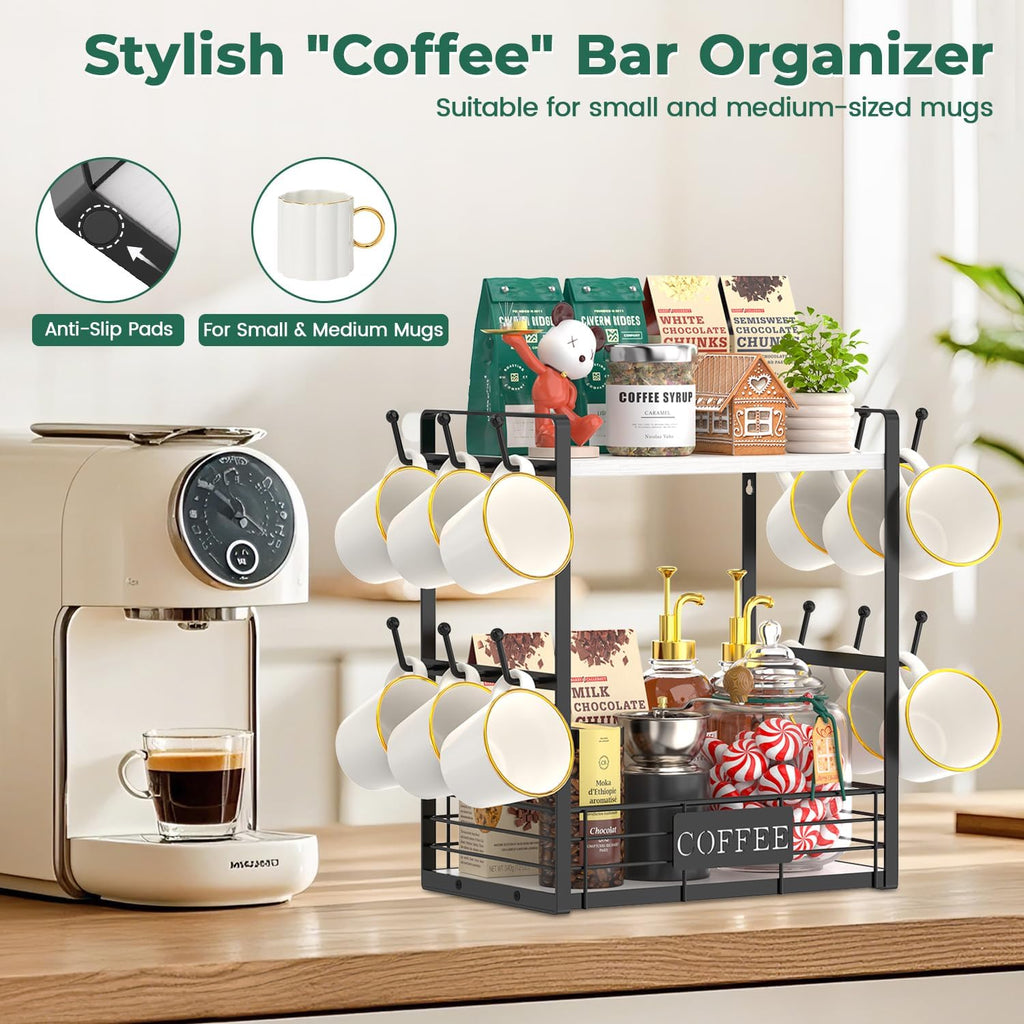 EsLuker.ly Coffee Mug Cup Holder Stand Bar Station Organizer for Countertop, Multi-Functional 2 Tier Mug Tree Rack for Kitchen, Storage Shelf with 12 Hooks, White-Black(Patented Design)
