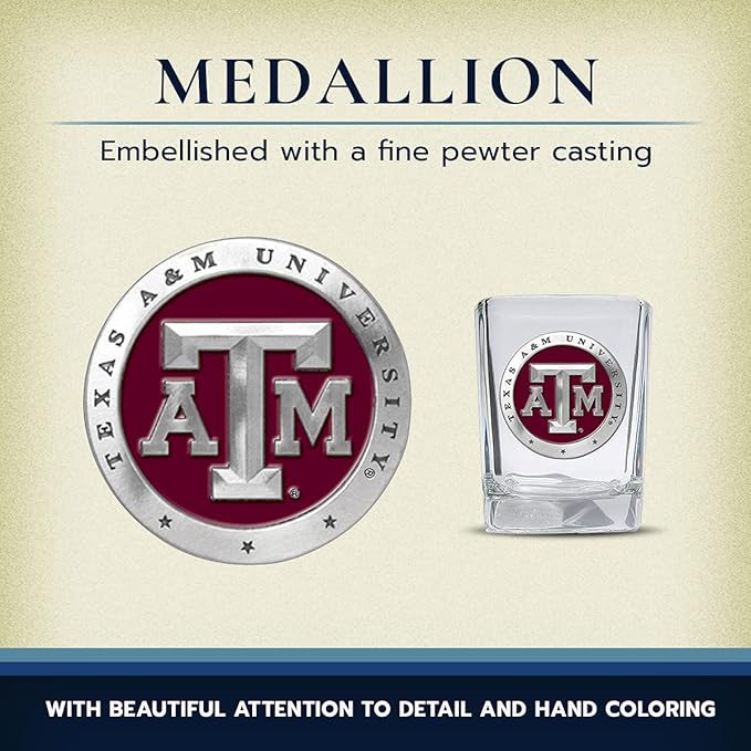 Heritage Pewter Texas A&M Square Shot Glass | Hand-Sculpted 1.5 Ounce Shot Glass | Intricately Crafted Metal Pewter Alma Mater Inlay